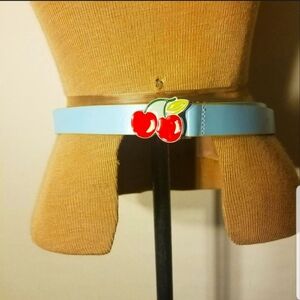 Vintage 90's Deadstock Baby Blue Italian Genuine Leather Belt w/ Cherry Buckle M